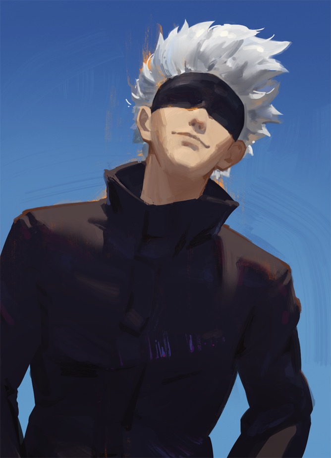 the image is a digital painting of a young man with striking white hair and a blindfold. he's wearing a dark, collared jacket or coat.  the art style is reminiscent of anime or manga, with loose, painterly brushstrokes that give a textured and slightly impressionistic feel. the background is a simple, clear blue sky. the man's expression is serious and contemplative.  the overall mood is somewhat mysterious and intriguing.