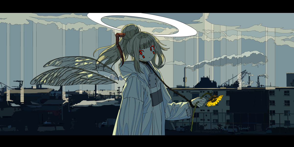 he artwork is a digital painting or illustration of an animestyle girl with blonde hair tied in a high ponytail,  large feathery wings, and a halo. she has striking red eyes. her clothing is a long white hoodielike jacket. she is holding a sunflower.  the background is a moody, atmospheric cityscape dominated by industrial buildings, smokestacks, and a rainy sky with dark clouds. the overall mood is melancholic and somewhat surreal, with a juxtaposition of fantasy elements (wings, halo) and a gritty industrial setting.  the style is stylized and graphic, with bold outlines and relatively flat coloring.