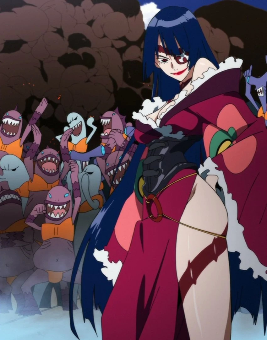 this is a digital art piece featuring a woman from anime, with long, dark blue hair, white fur collar and a red dress. she has a black eye patch over her right eye, and is holding her left hand in a fist, in a black glove. she has a smile on her face and is standing in front of many monsters.