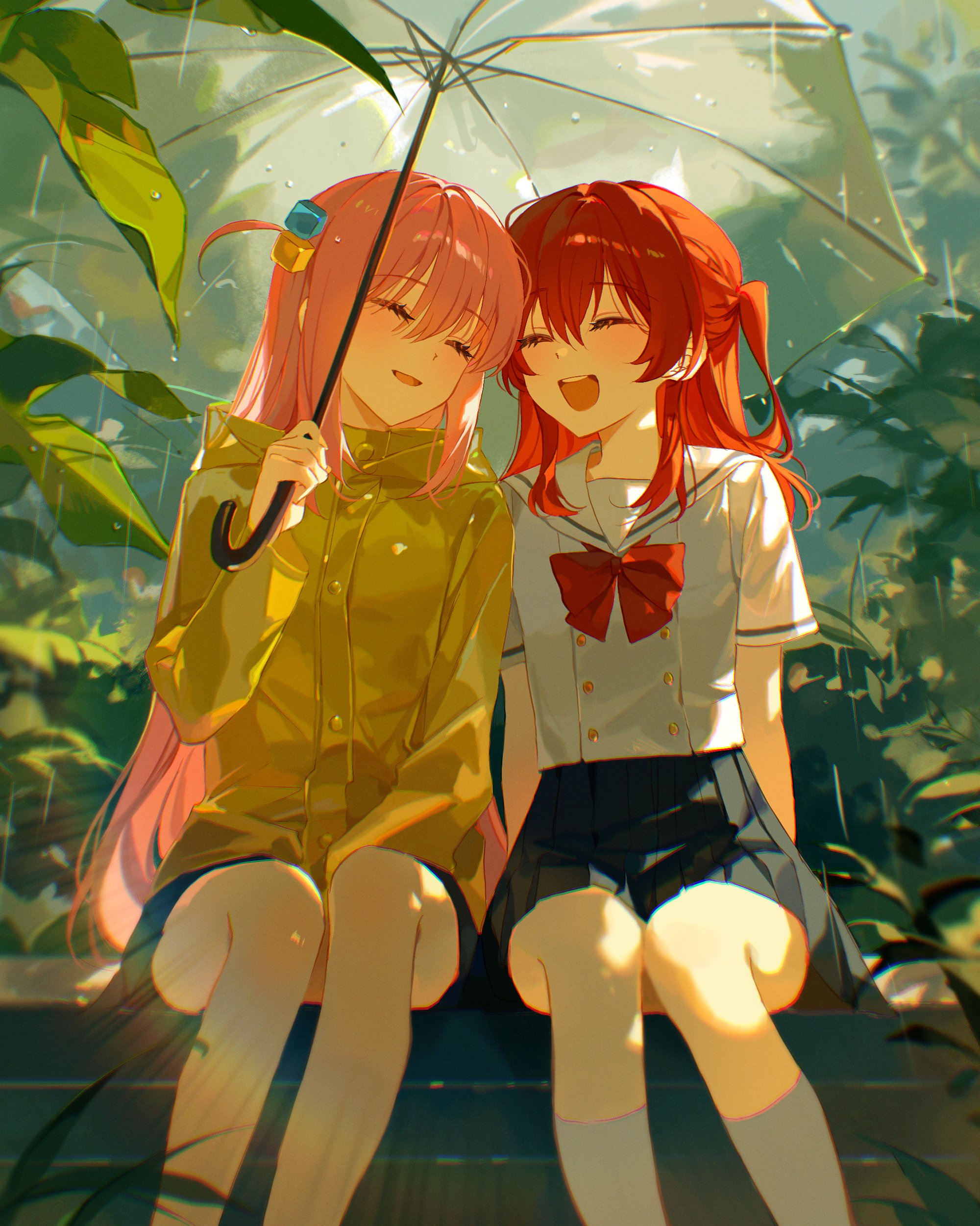the illustration depicts two animestyle school girls sitting close together under a clear umbrella in a lush green garden during a light rain shower.  one girl has long pink hair and wears a yellow raincoat. the other girl has long vibrant red hair and is wearing a classic sailorstyle school uniform.  both girls are smiling happily, suggesting a strong bond of friendship. the art style is soft, with warm lighting and attention to detail in the characters' expressions and the surrounding environment.  the overall mood is cheerful and peaceful.