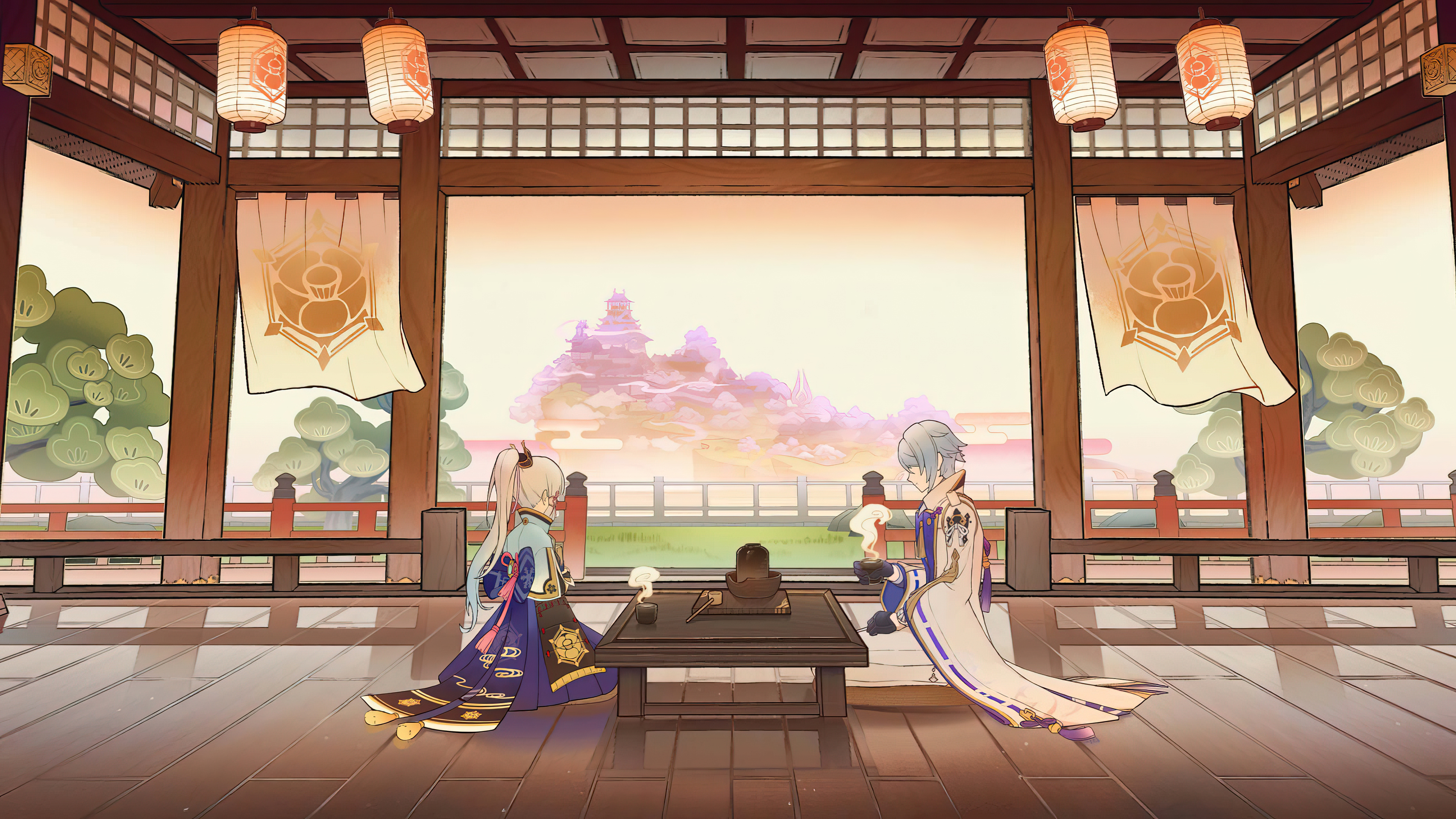 two anime characters, a female and a male, sit at a table on a wooden floor in a traditional japanese setting. they are both wearing traditional japanese clothes, and there are lanterns hanging from the ceiling. the female character has long white hair and is wearing a blue and purple kimono. the male character has blue hair and is wearing a white and gold kimono. they are both looking at each other, and it appears that they are having a tea ceremony. there are teacups on the table, as well as a teapot. there are windows behind them, showing a view of mountains and a sunset. the overall scene is very peaceful and serene.