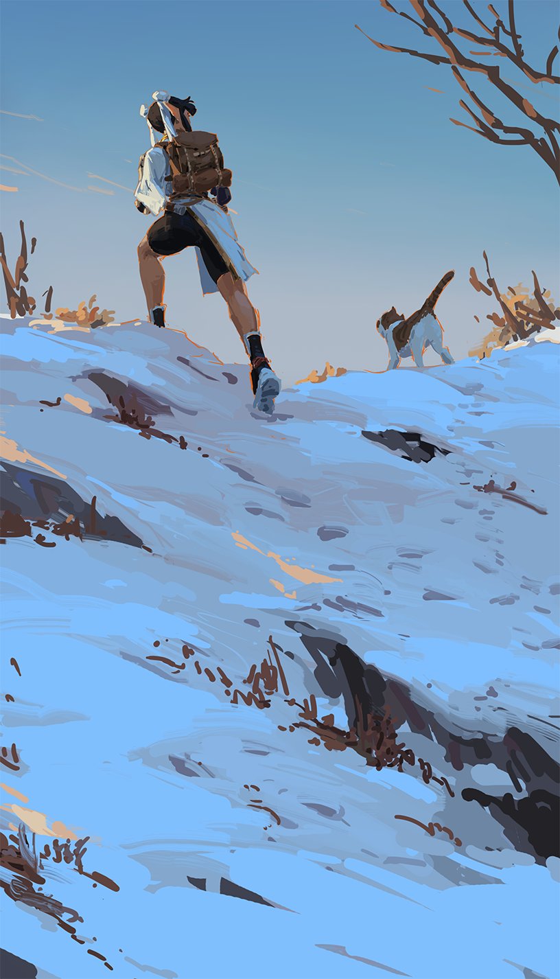 a digital painting depicts a lone female hiker ascending a snowcovered hill. she carries a backpack and wears light clothing appropriate for cold weather. a small dog or cat follows her from a distance. the scene is serene and peaceful, with a clear blue sky and sparsely vegetated hills. the style is painterly, with loose brushstrokes and a focus on atmosphere and mood. the overall tone is one of quiet adventure and solitude.