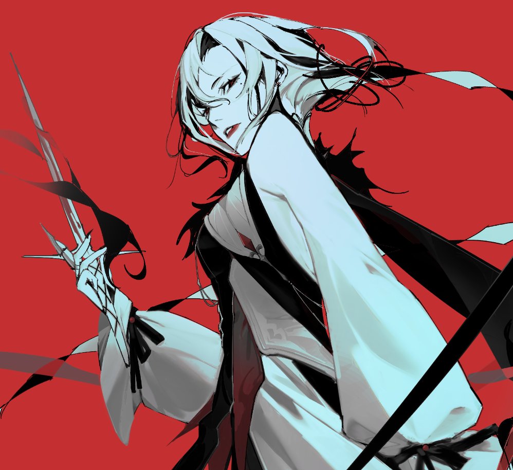 this is a digital illustration of a woman with white hair and red eyes, wearing a black and white dress and holding a sword. she is looking directly at the viewer with a determined expression. the background is red, creating a strong contrast with the woman's clothing.