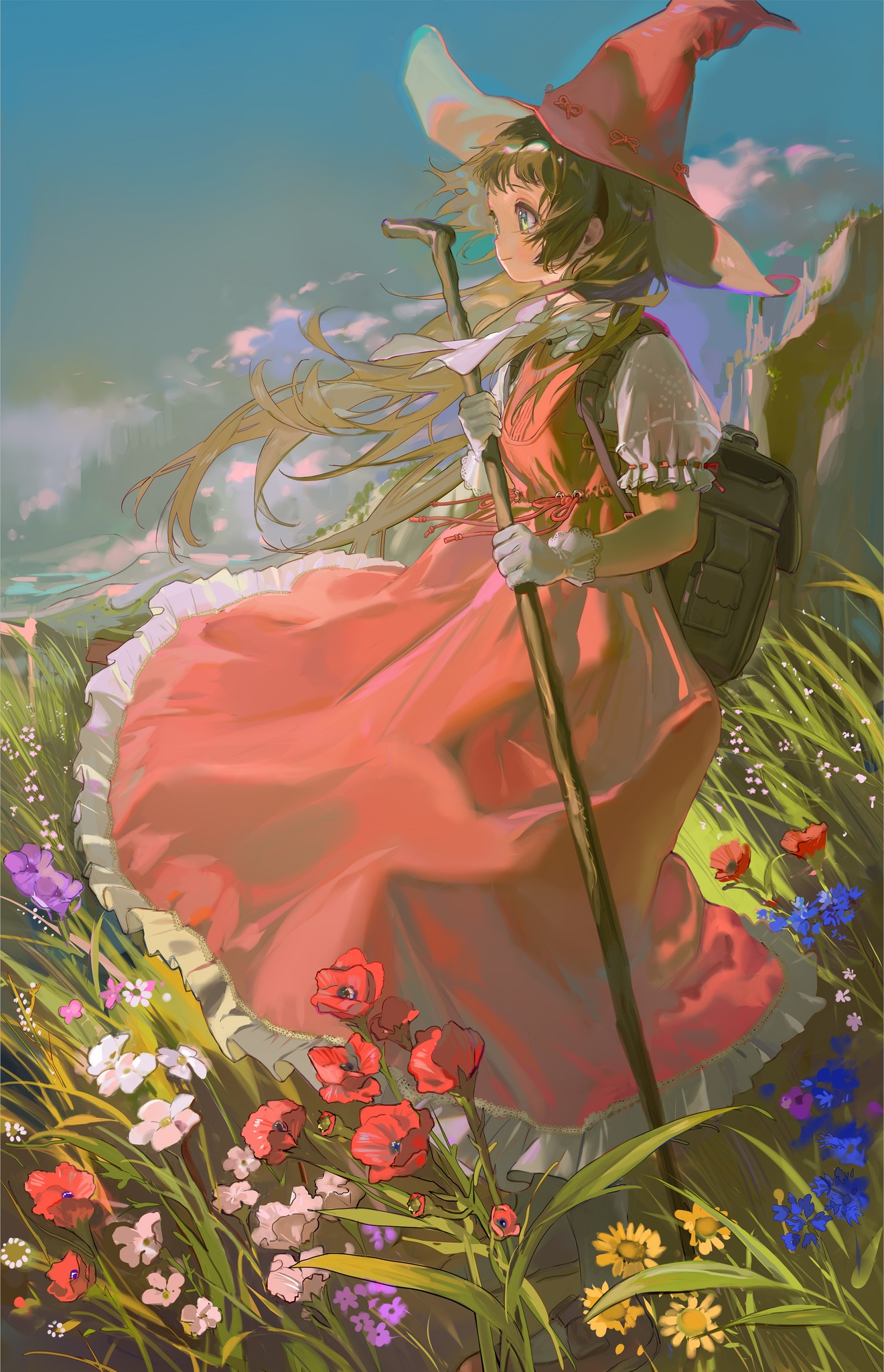 he image is a digital painting of an animestyle girl dressed in a red dress and a pointed red witch's hat. she carries a walking stick and a backpack, and is walking through a field of wildflowers. the style is whimsical and fantastical, with a soft, painterly quality. the colors are bright and cheerful, and the overall mood is peaceful and serene.