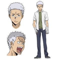 a character design sheet showcasing a young man with spiky white hair and bandages on his hands. he is wearing a simple outfit consisting of a green tshirt and blue jeans. he is depicted in various poses, including a neutral expression, an angry expression, and a side profile. the style is reminiscent of anime and manga, with clean lines and exaggerated features.