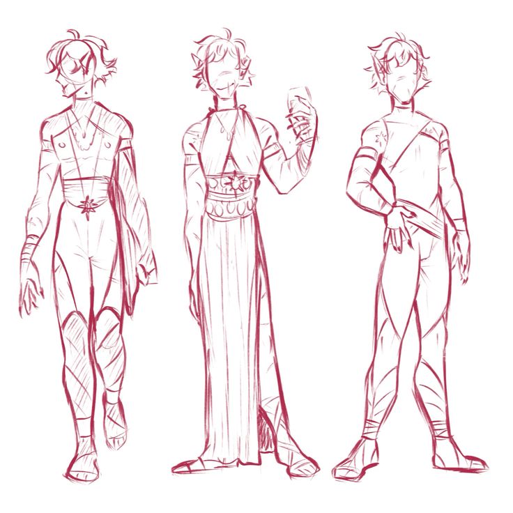 a digital sketch of three characters. each character is a humanoid with some kind of animalistic features. the characters are wearing different outfits and accessories. they are outlined and drawn with a red color.