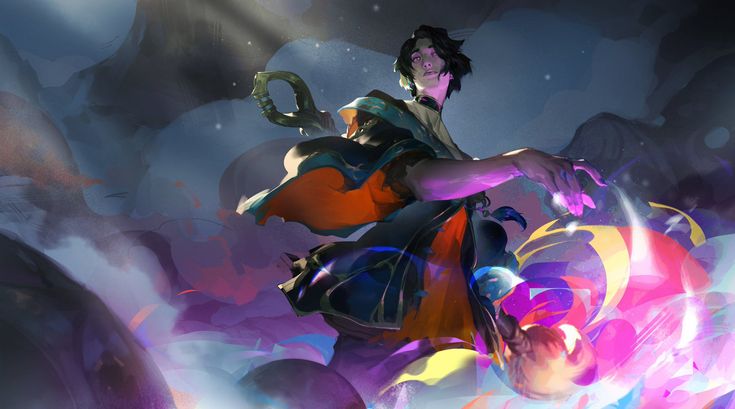 the image is a dynamic digital painting of a female character, seemingly from a video game like league of legends or arcane, wielding magical energy. she is dressed in flowing robes of orange, teal, and black, accented with gold details. her pose is expressive and suggestive of movement, casting colorful, glowing magic outwards. the background is dark and atmospheric, with swirling clouds of purple, blue, and orange that blend seamlessly with the character's energy. the art style is stylized and painterly, with a focus on vivid color and expressive form. the overall effect is a vibrant and magical scene, hinting at a fantasy or supernatural setting.