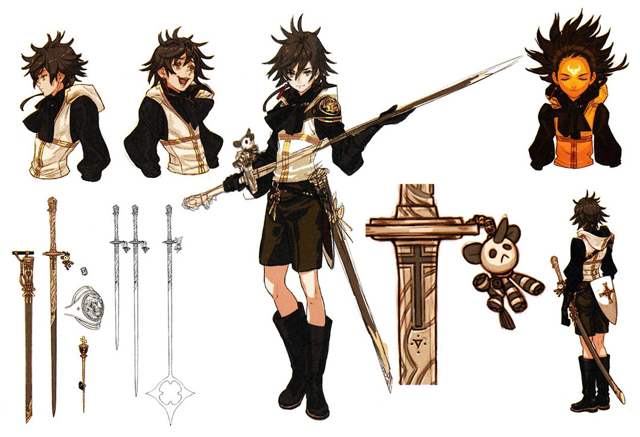 a digital character design sheet showcasing a young male character. he's dressed in fantasy attire suggestive of a knight or swordsman, with a focus on blacks, whites, and browns. the sheet includes multiple views of the character, closeups on his facial expressions, detailed drawings of his swords and scabbard, and a small, stylized panda keychain.