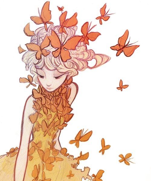 the image is an artful illustration of a girl adorned with butterflies. she has lightcolored, curly hair with numerous orange butterflies nestled within it. similar butterflies form the collar and cover the dress, creating a flowing and whimsical effect. some butterflies appear to be taking flight around her. the overall style is delicate and dreamlike, with soft colors and a sense of innocence.