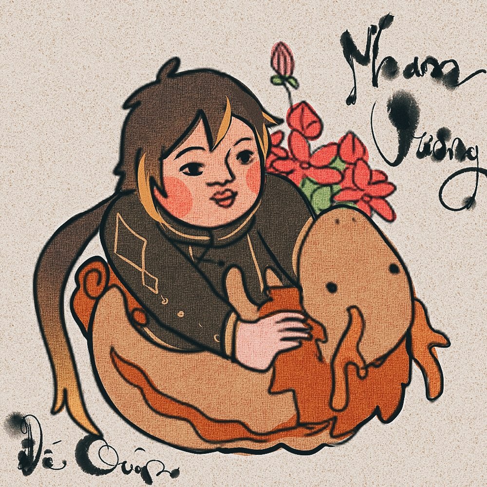 the image is a digital drawing or painting of a young asian boy with brown hair and dark clothing, sitting and interacting with a light brown, bloblike creature. the boy appears friendly and happy. the style is a mix of anime, manga, and traditional asian art, with a slightly retro or vintage aesthetic.  red flowers are included in the background adding to the warm overall tone.  the image is signed with vietnamese text at the top and bottom.