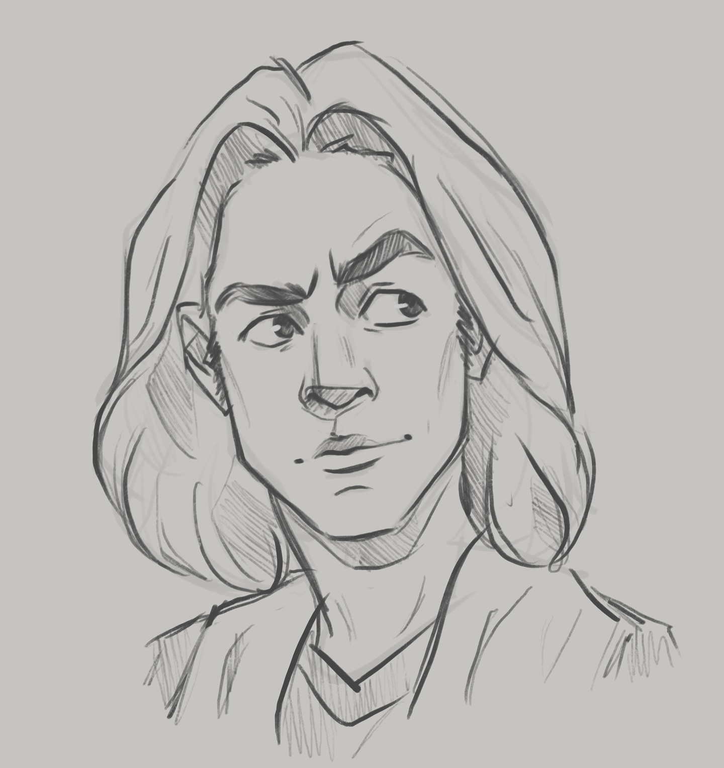 a grayscale pencil sketch of a young man with long hair. the sketch is detailed and expressive, capturing the subject's thoughtful and somewhat serious expression.  the style is loose and slightly sketchy, giving a casual feel to the artwork. the man's features are welldefined, and his hair is depicted with varying shades and textures. the background is a simple, light gray.