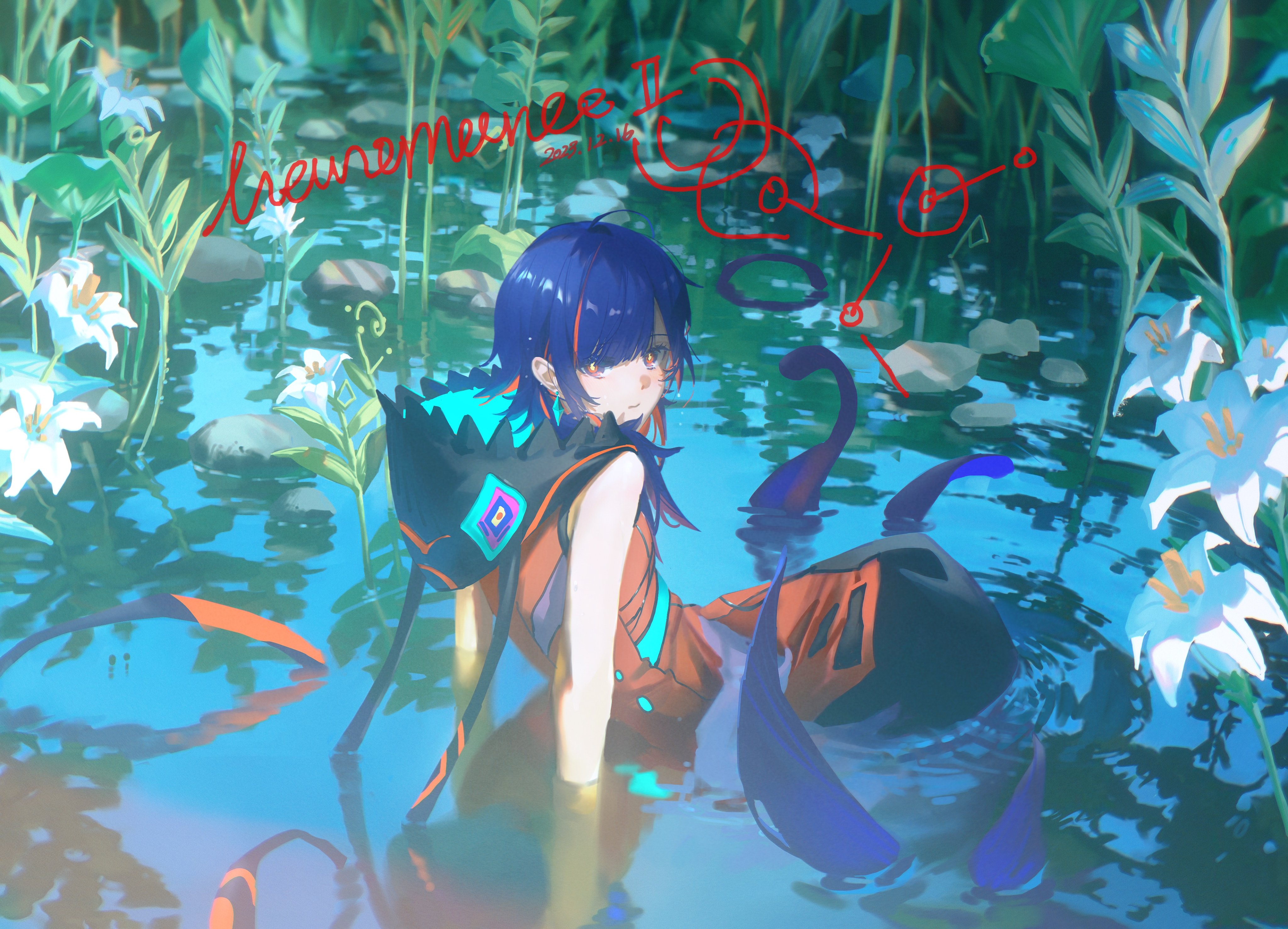 an animestyle girl with short blue hair sits in a shallow pond surrounded by lily flowers and green foliage. she wears orange and black clothing with geometric patterns. dark blue tentacles emerge from the water around her. the scene is reflected in the water, creating a serene and fantastical atmosphere. the artwork is digitally created with a cartoonlike style.