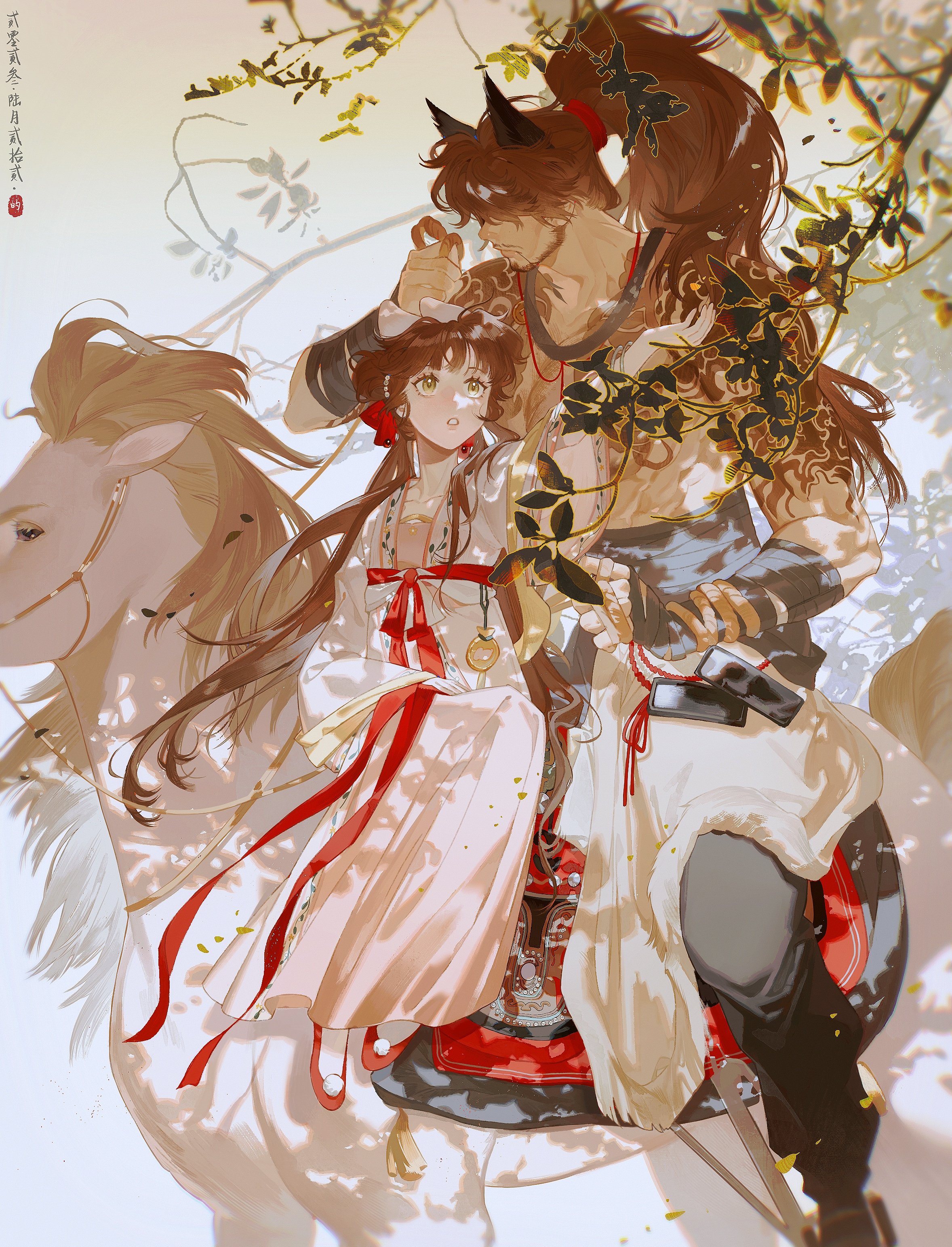 this is a digital illustration of an anime couple riding a horse. the man is in the background and is wearing a white outfit. the woman is seated on the horse in front of him, she is wearing a pink and white dress with a red sash.  they are surrounded by green foliage and the background is light white. the image is very beautiful and romantic.