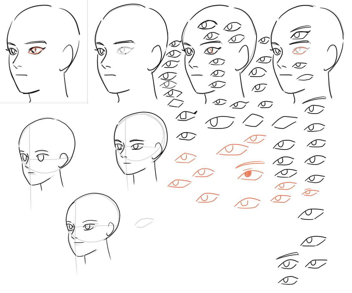 the image shows a collection of sketches illustrating different head and eye drawing techniques. several heads are drawn in various angles, some with basic guidelines and some with more detailed facial features. there are examples of heads covered in eyes, as well as individual eye designs and formations. the eyes are drawn in slightly different shapes and styles, with some rendered in orange and others in black. the images appear to be a compilation of steps in a drawing tutorial.