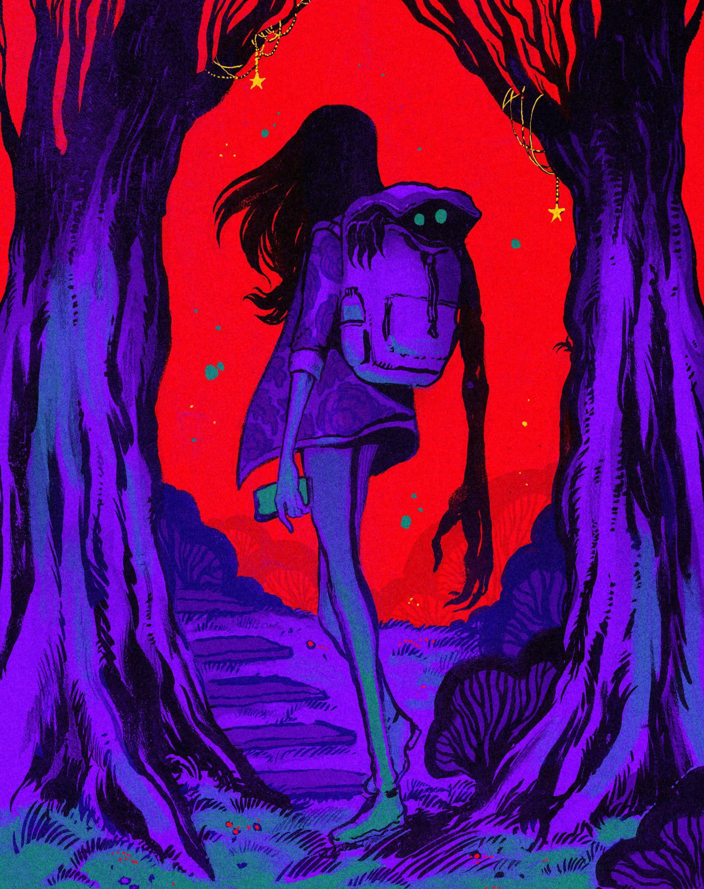 a girl in a purple jacket and backpack walks through a dark forest at night. the trees are tall and shadowy, and the ground is covered in purple foliage. the girl is walking towards a creature that is also shadowy and mysterious. the creature is wearing a backpack and its face is unseen. the overall mood of the image is creepy and mysterious. the digital art style adds a sense of surrealism and fantasy to the scene. the image is dark and ominous, creating a sense of suspense.