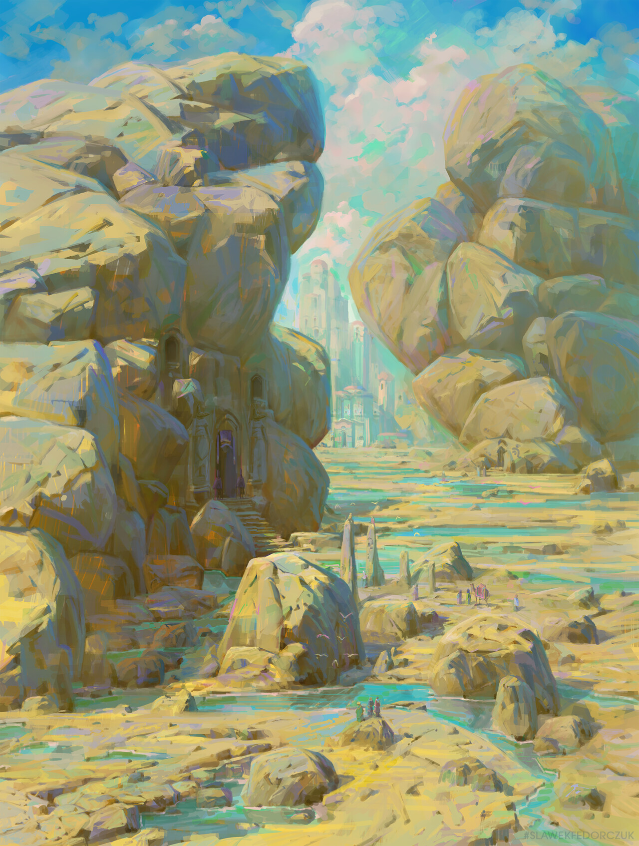 the image depicts a breathtaking vista of a bygone era.  towering, rounded rock formations frame the scene, their surfaces bathed in the warm glow of the sun.  nestled amongst these colossal stones lies an entrance to a hidden temple, its dark doorway beckoning the viewer closer. in the distance, the majestic ruins of an ancient city shimmer under the clear blue sky.  a dry riverbed, punctuated by shallow pools of turquoise water, winds its way through the scene, leading the eye towards the city.  tiny figures, presumably travelers, can be seen navigating the rocky terrain, their presence emphasizing the vastness and mystique of this forgotten world.