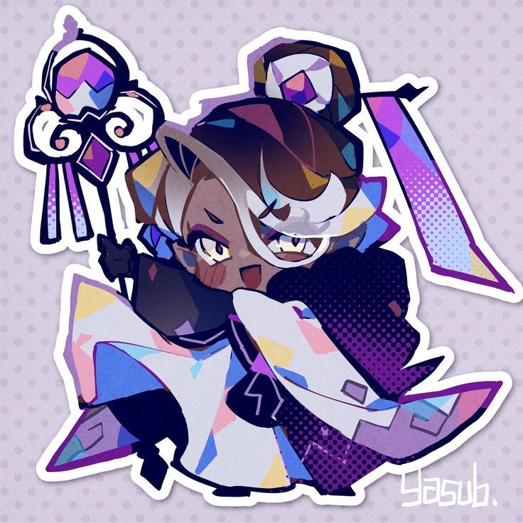 the image is a piece of vibrant fanart depicting dark enchantress cookie from the mobile game cookie run: kingdom. the style is chibi, with exaggerated features and a playful, almost stickerlike presentation. the character is rendered in a dynamic pose, holding a decorative staff. the color scheme is predominantly purple and pastel shades, with geometric patterns adorning the character's clothing. the artist's signature, "yasub," is visible in the bottom right corner.  the background is a simple pale purple with subtle dot pattern. the overall aesthetic is whimsical and magical, characteristic of fanart created for online communities and social media sharing.