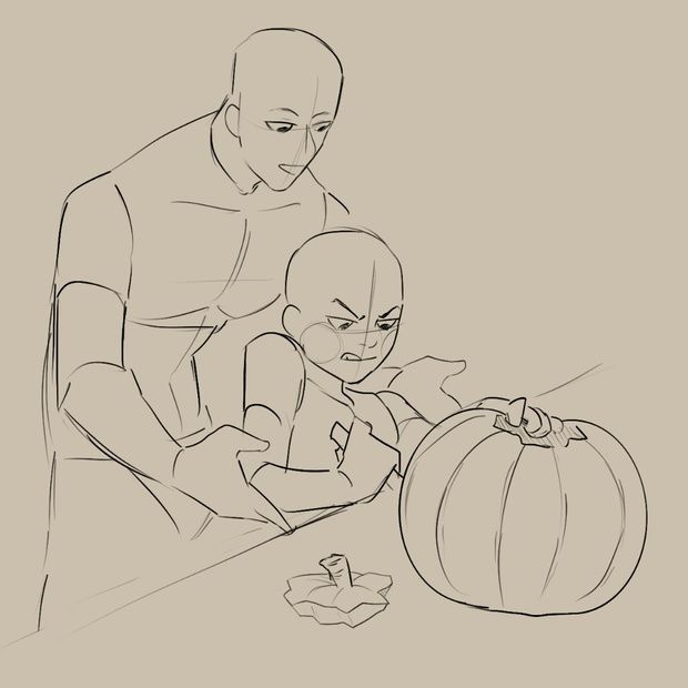 a sketch of a man and a child carving a pumpkin together. the man is standing and the child is sitting. they are both looking at the pumpkin. the man's hand is on the child's shoulder. the child's hand is holding the knife. there is a small pumpkin on the table. the background is beige. the drawing is in black and white.