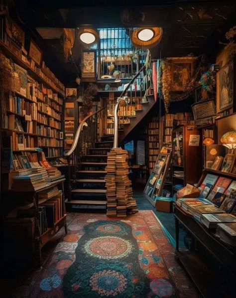 the image showcases a quaint and cozy bookstore interior. towering bookshelves line the walls, brimming with books stacked from floor to ceiling. a wooden staircase with worn steps ascends to a mezzanine level, also lined with books. warm, artificial light emanates from ceiling fixtures, casting a soft glow on the scene. the overall ambiance is inviting and intimate, a haven for book lovers.