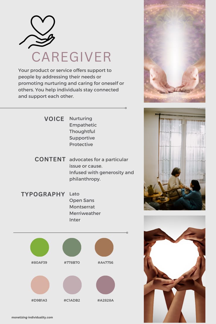 the image is a visual guide for defining the "caregiver" brand or concept. it includes an illustration of hands holding a heart, a definition of caregiver as a product or service that supports people, the qualities of the brand voice (nurturing, empathetic, etc.), content guidelines, typography options, and a color palette. the image also has photos representing caregiving or connection, and the bottom of the image contains the website: monetizing individuality.com