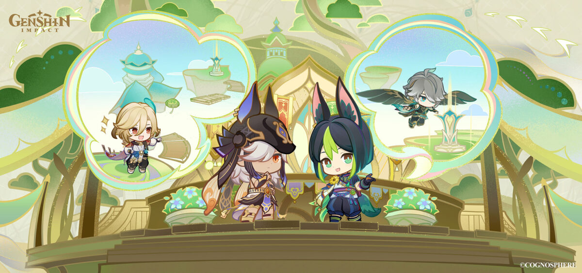 this is a cute and stylized image featuring four characters from the popular video game genshin impact. the characters are drawn in a chibi style, which makes them look adorable and playful. the image is set in a fantastical world, with lush greenery, towering structures, and whimsical details. the overall tone of the image is bright and cheerful, suggesting that the characters are enjoying their time together in this magical world.  the characters are each surrounded by a thought bubble that hints at their individual personalities and interests.  the image is a great example of how to create a visually appealing and engaging piece of fan art.