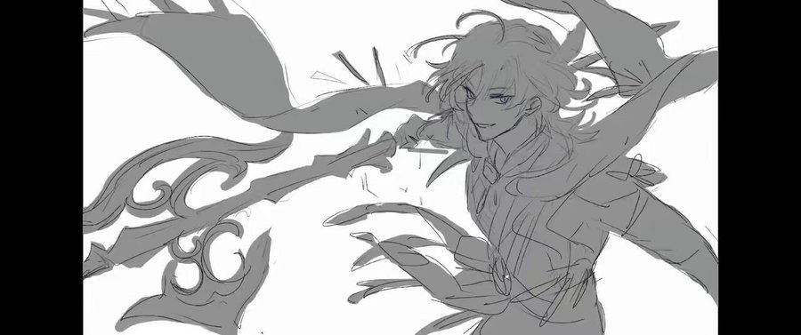 a grayscale sketch of a male anime character. the character is drawn in a dynamic pose, with his arms outstretched and his body contorted. he is wearing a long coat with a hood, and his hair is long and flowing. the character is drawn in a detailed style, with sharp lines and distinct features.