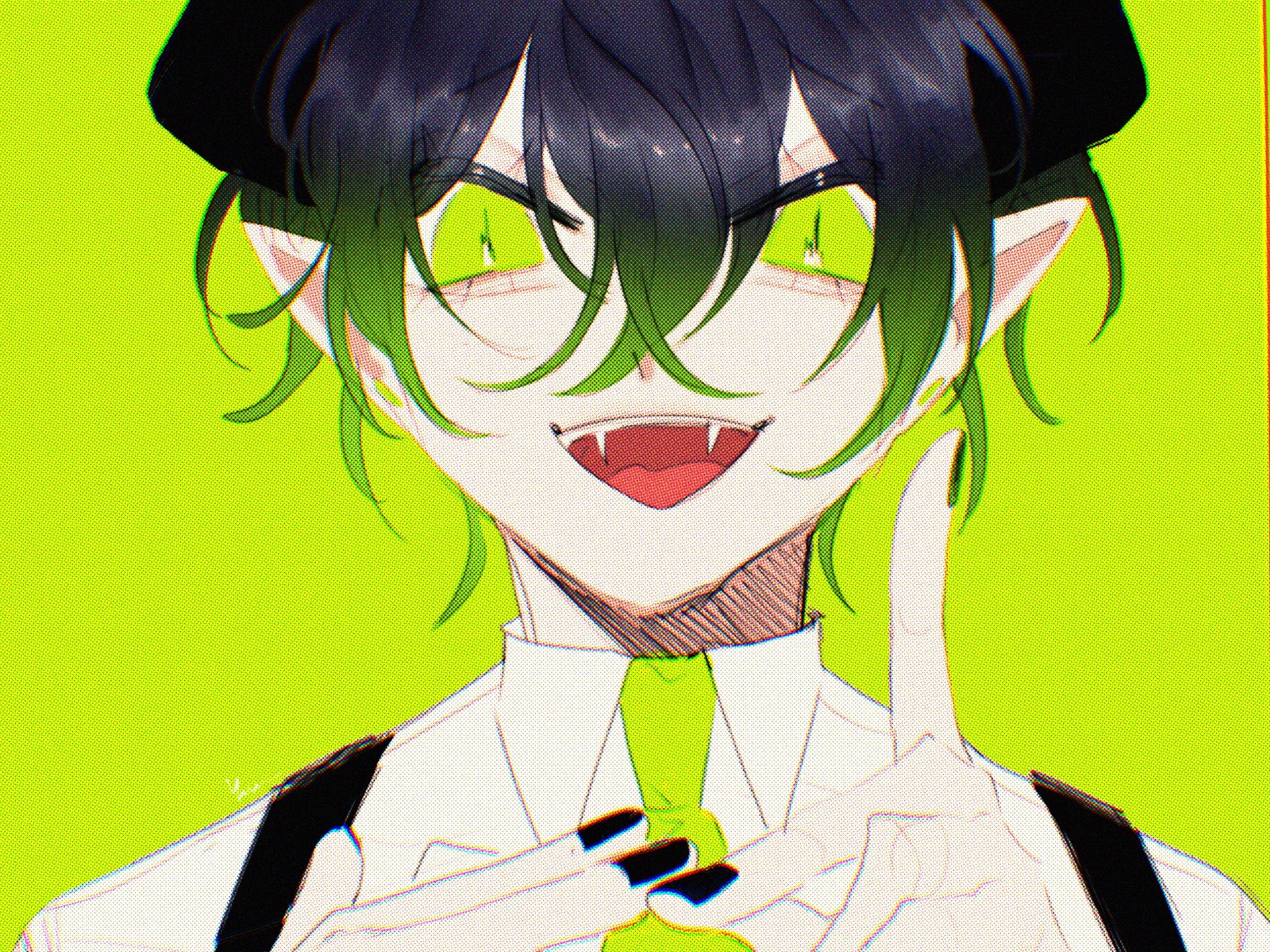 a closeup image of an anime character with green eyes and green hair. he is wearing a white shirt and a black tie. he has a sharp smile and fangs. he is pointing his finger, possibly at the viewer.