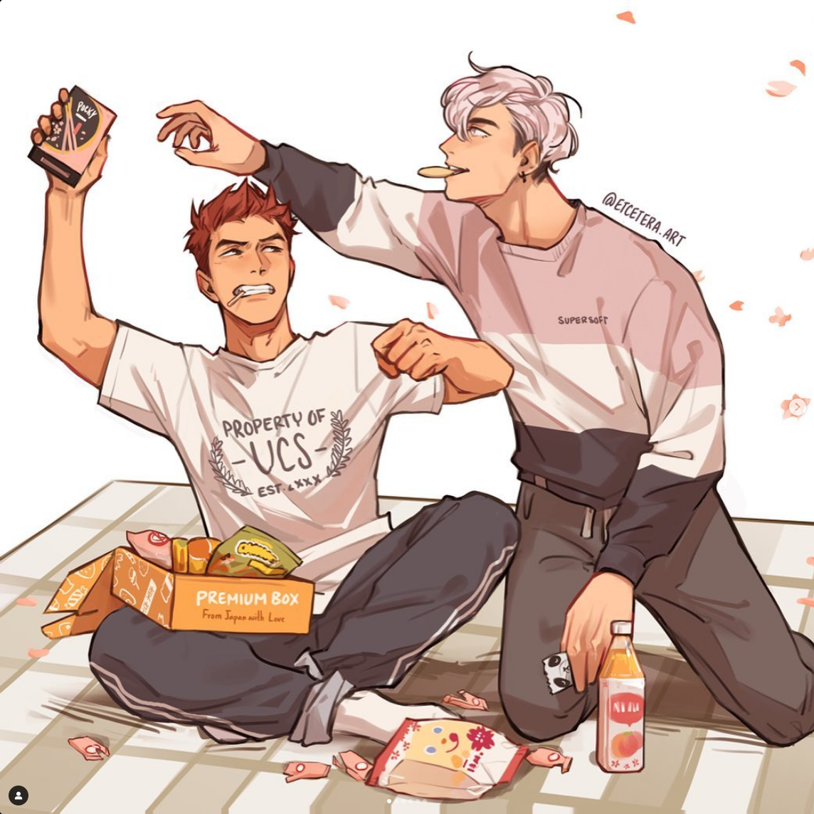 an illustration of two men having a picnic on a white and blue checkered blanket. the man on the left is sitting up, holding a box of pocky above his head while the other man attempts to grab it. the other man is sitting with his legs crossed and has a piece of pocky in his mouth. there are snacks and drinks scattered around them. the art style is soft with a warm color palette.
