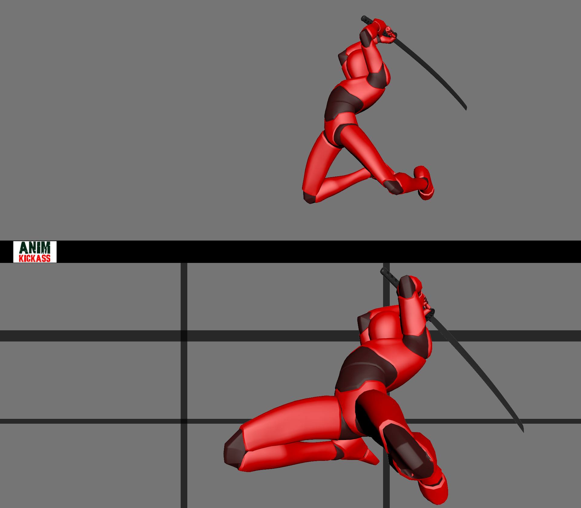 the image shows a digital art rendering of a red robot ninja wielding a katana in two different action poses, set against a gray background with a black line and horizontal lines. the top figure is in a midair slashing pose, while the bottom figure is in a lower, defensive or lunging position, also with the katana. the text "anim kickass" is in the bottom left corner.