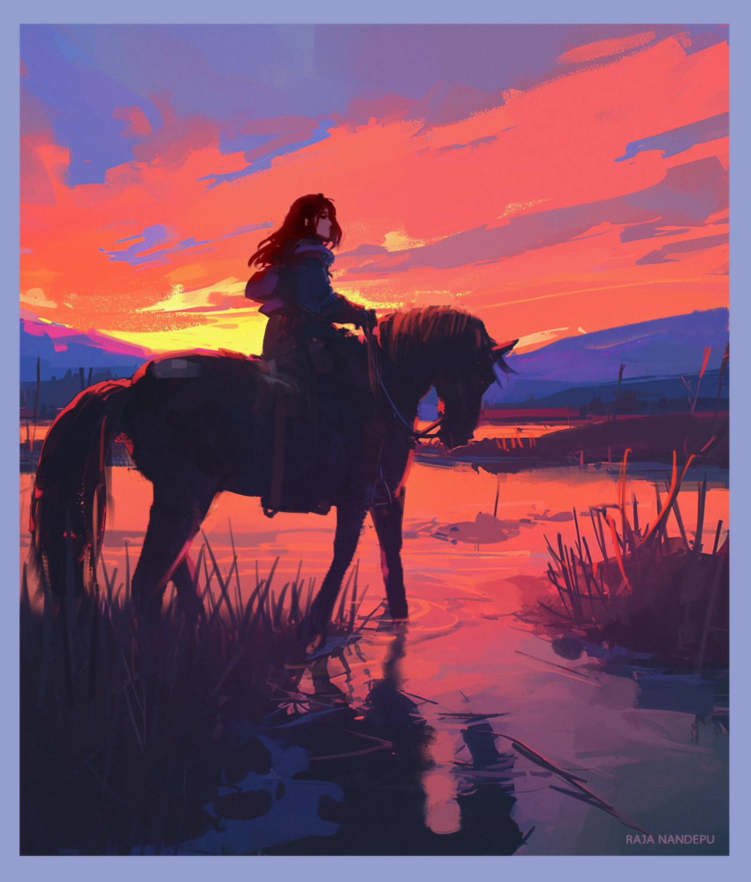 a woman on horseback is silhouetted against a vibrant sunset. the horse stands in the shallow water of a marsh, surrounded by tall grasses. the sky is ablaze with warm colors, reflecting on the water's surface.  the overall mood is one of peace and tranquility.