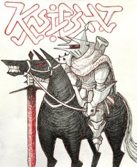 a pen and ink drawing of a knight in ornate white and silver armor, riding a black horse with red eyes. the knight holds a thin sword with a red blade, and has a white cape. the word "knight" is written in red block letters in the background.
