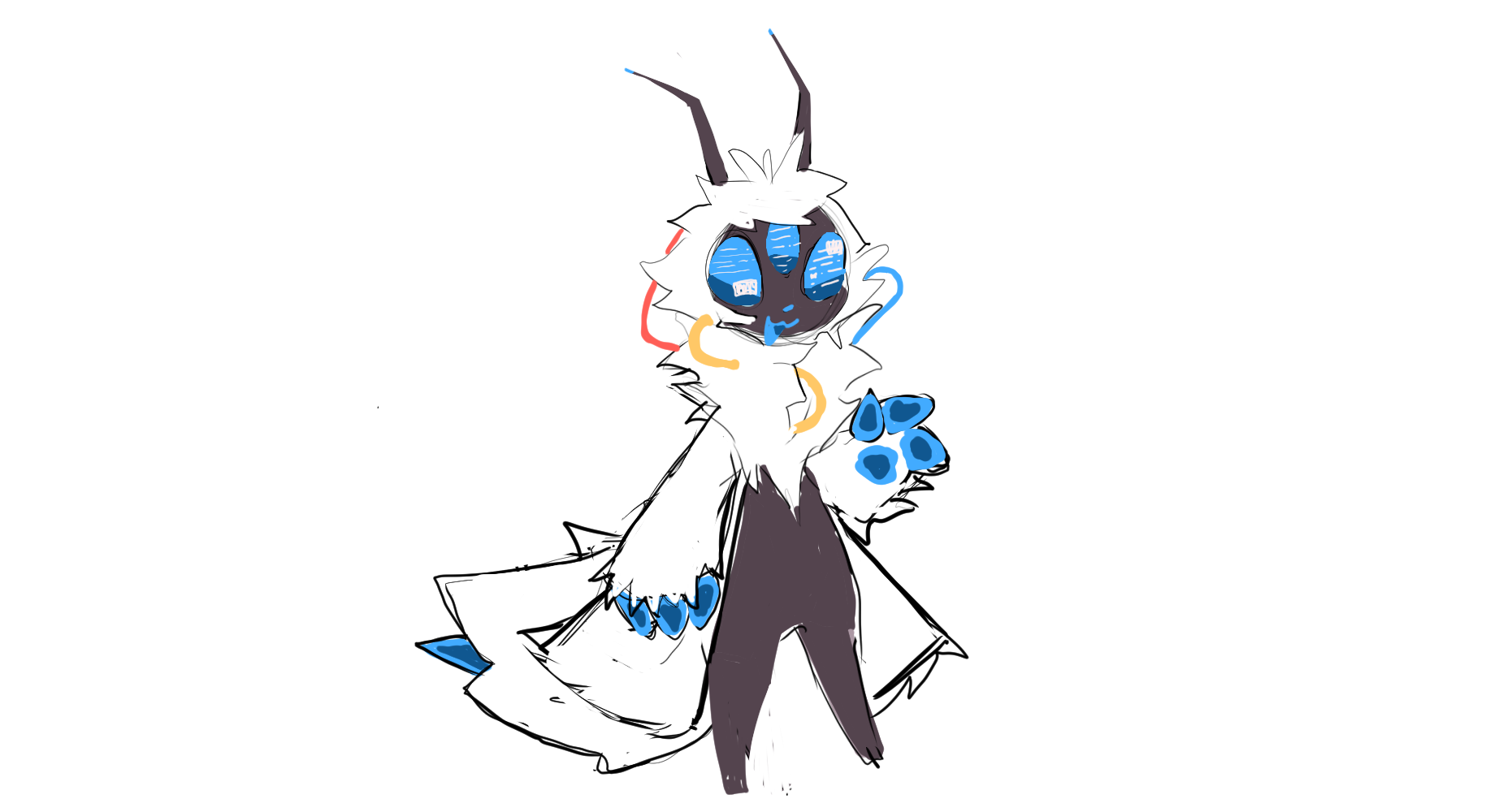 this is a digital sketch of a cartoon creature. it is a white furry character with blue eyes and a black body. the creature has a long, pointed snout and a pair of long, thin ears. it is standing on its hind legs and has its arms held out in front of it. the character has a whimsical expression on its face. the sketch is done in a style that is both simple and expressive.