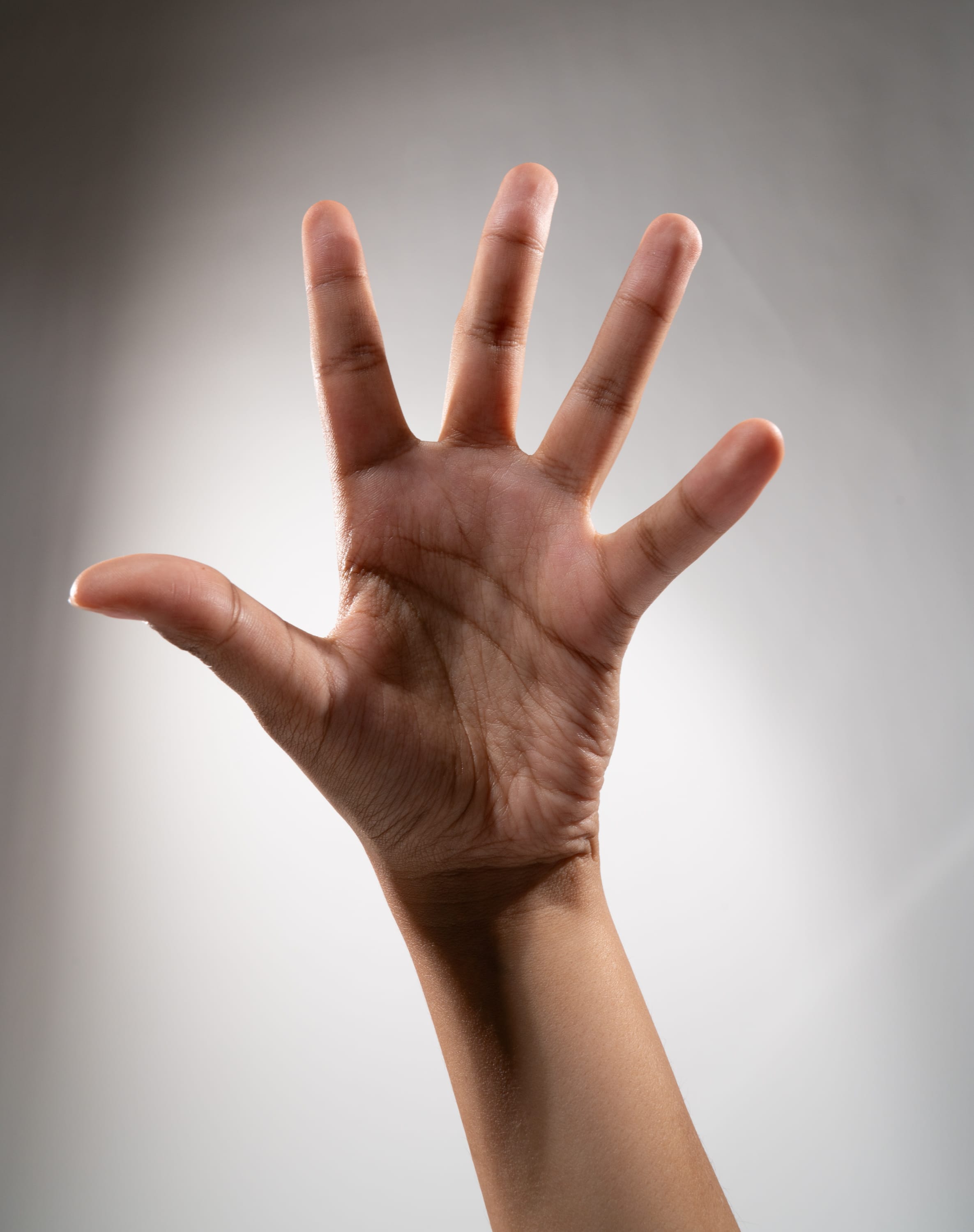 a hand is extended upwards, displaying an open palm with fingers spread apart against a gray background. the hand appears to be reaching or signaling something. the lighting is soft and illuminates the hand evenly, highlighting the texture and lines of the palm.