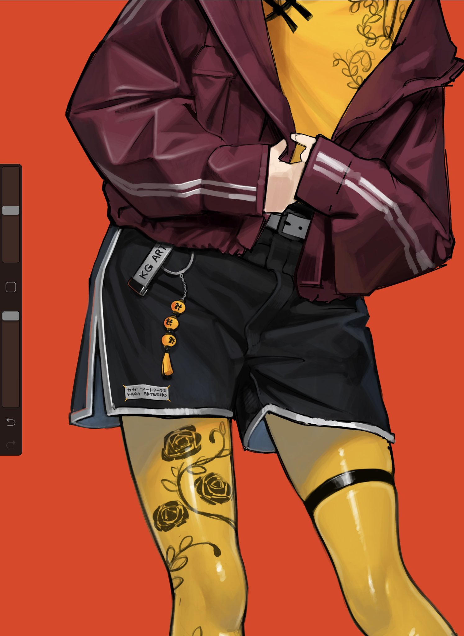 the image is a digital illustration or painting in an anime or manga style. it showcases a female character from the knees up, clad in vibrant and stylish clothing.  she is wearing a maroon jacket with white stripes, black shorts with white trim, and bright yellow leggings with a black rose tattoo design.  accessories include a keychain with a series of small golden spheres hanging from her shorts and a black garter belt on her thigh. the background is a solid, bright orange. the overall art style is bold and graphic, emphasizing strong colors and defined lines.