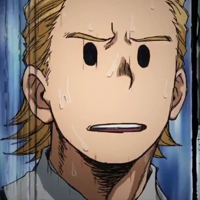 a close up shot of an anime character's face, with blond hair and sweat drops on his forehead. the character is worried and has a serious expression on their face. the image is drawn in a style similar to manga and anime.