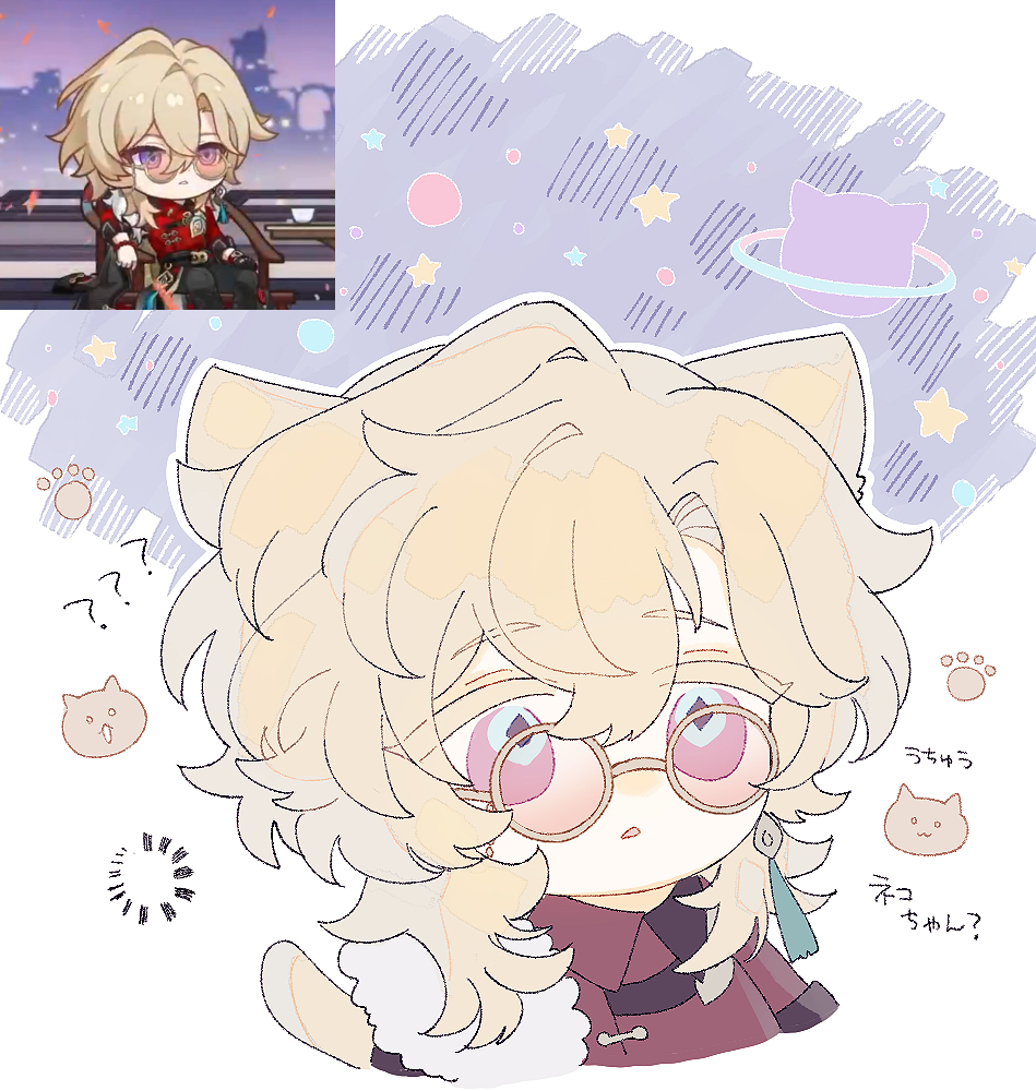 his image is a digital fanart of albedo from genshin impact drawn in a chibi style. the chibi albedo is depicted with cat ears and wearing round glasses.  the background features a pastel space theme with stars, planets, and faint lines creating a dreamy atmosphere.  there are also small cat illustrations and japanese text around the chibi character.  a smaller, more detailed version of albedo is shown in a small inset panel at the top left. the overall style is soft, cute, and kawaii.