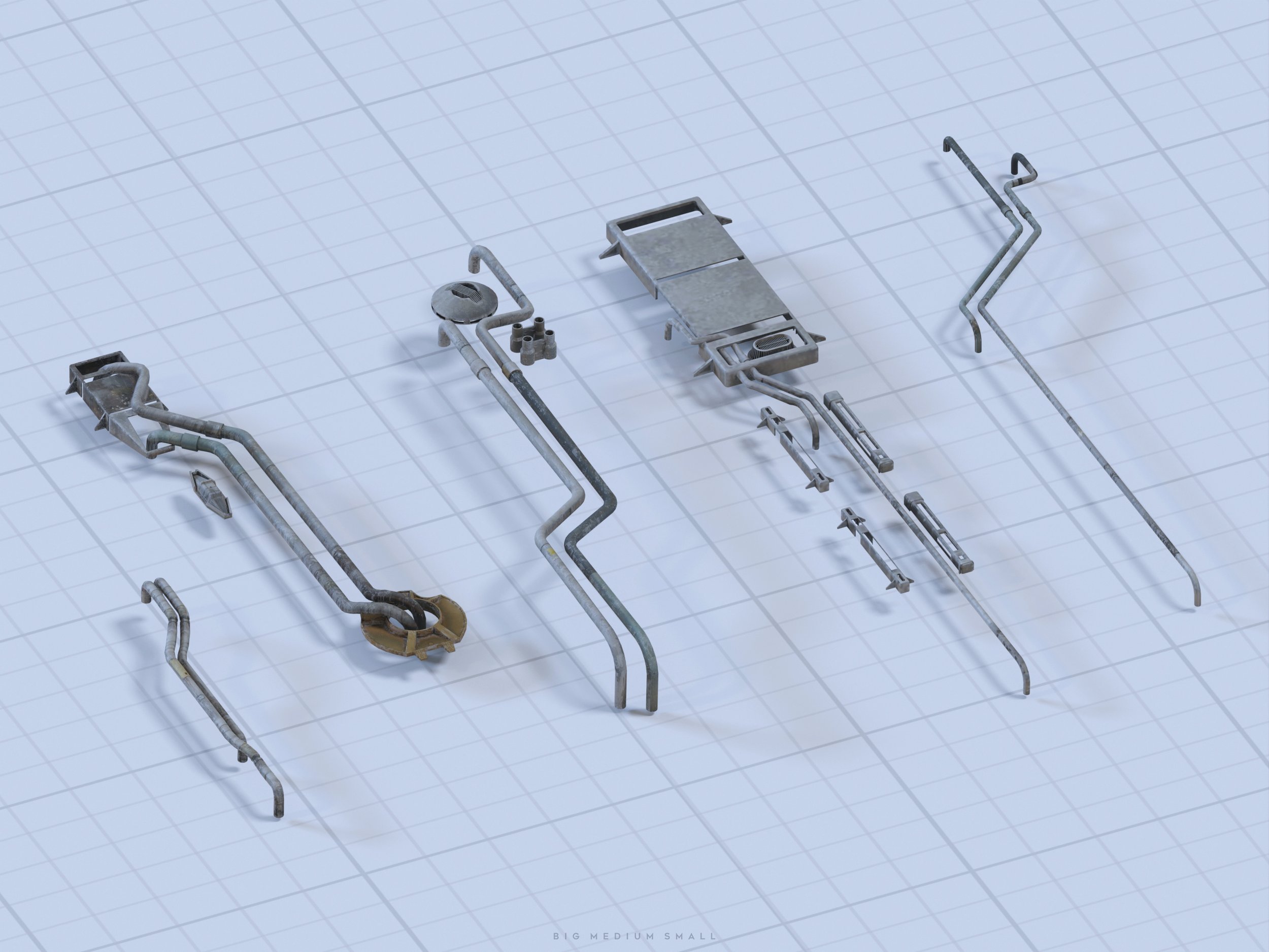 the image is a detailed 3d rendering of an isometric view of various metallic pipes and industrial components laid out on a blueprint grid.  the parts appear to be disassembled, suggesting a schematic or design layout.  the style is technical and realistic, showcasing worn and aged metal textures.  the overall impression is of a complex mechanical system or apparatus.  the caption "big medium small" suggests size variations of the components.