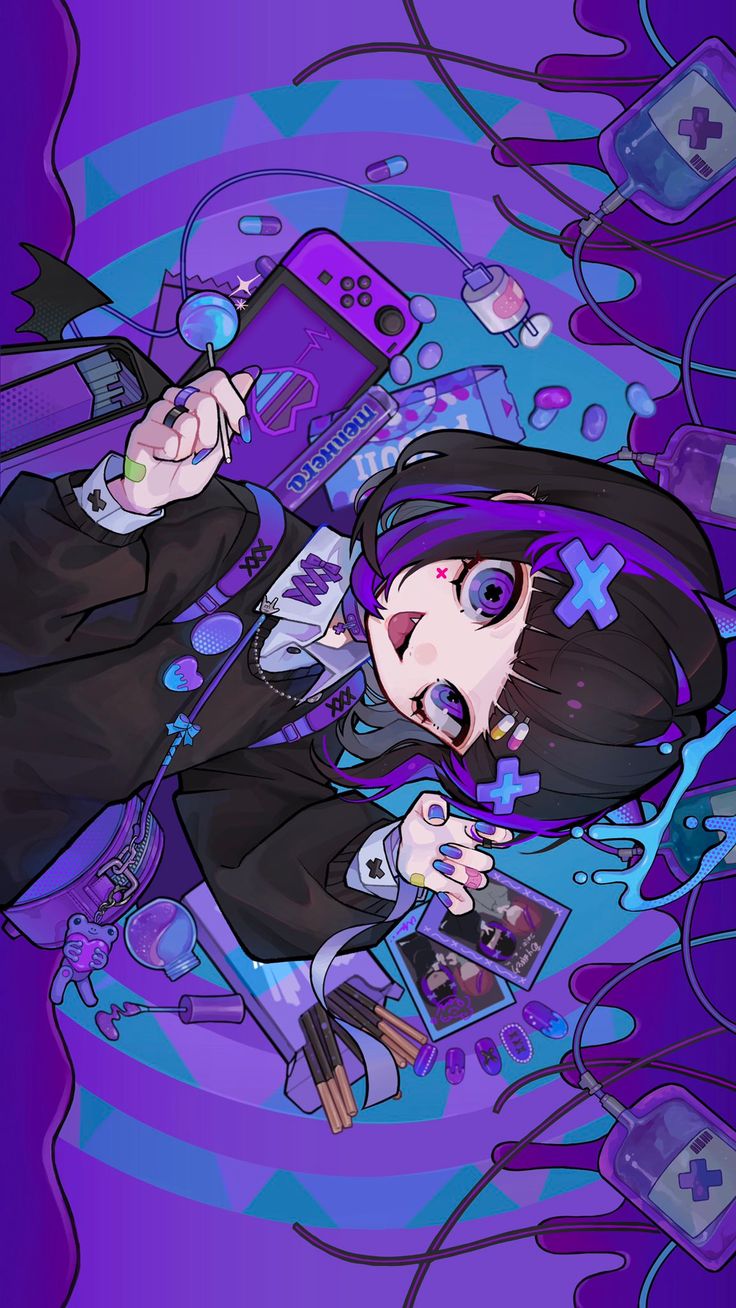 the image is a vibrant digital illustration of an anime girl with purple hair, dressed in dark purple and black clothing, surrounded by various objects and accessories. the overall aesthetic is a mix of dark kawaii and y2k trends, with a prominent use of purple and dark purple colors. the girl is holding a lollipop and a nintendo switch, while other items like pills, iv bags, bandages, and photocards are scattered around her. the art style is detailed and stylized, creating a visually appealing and engaging composition.