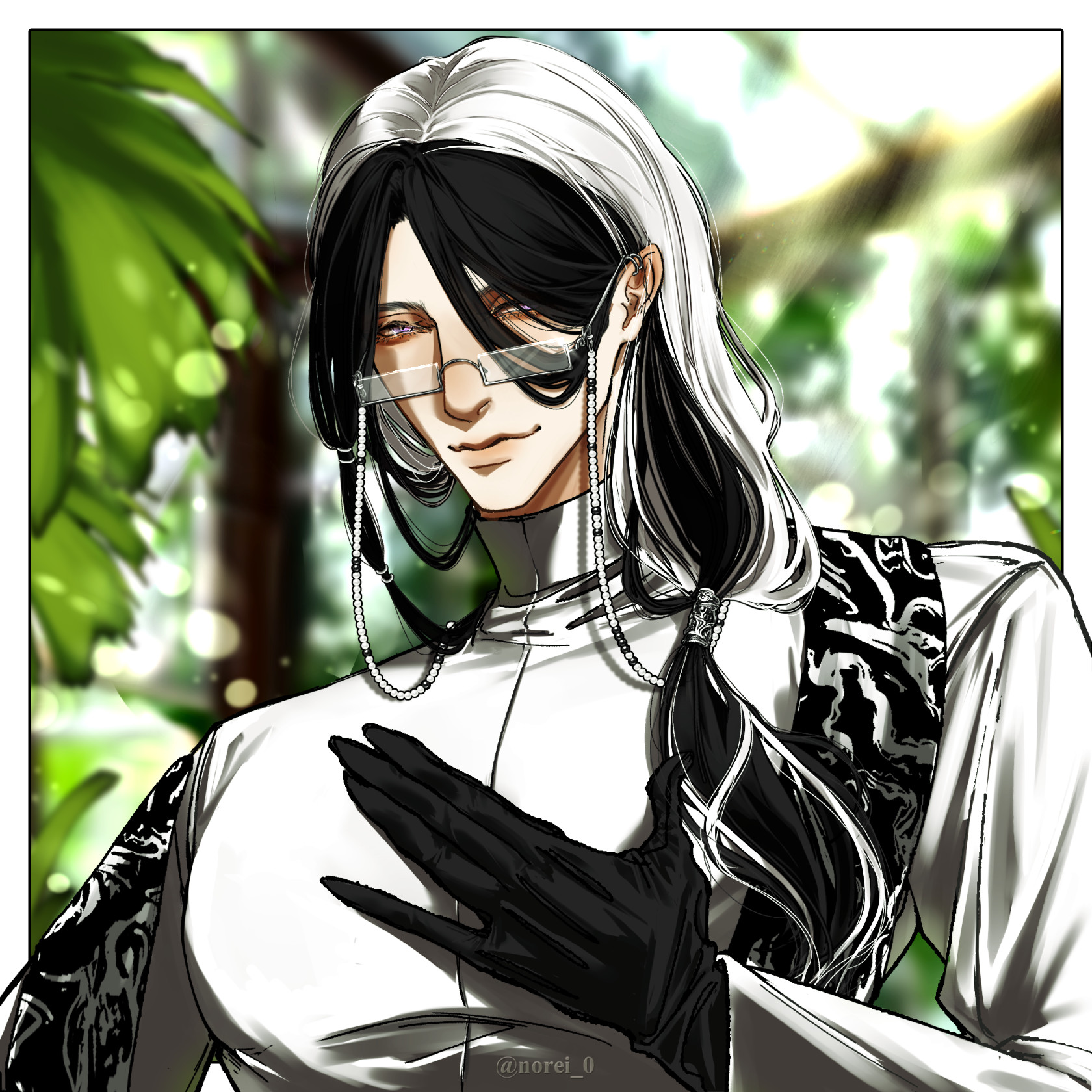 a portrait of a black and white haired anime character, he is wearing glasses and a white shirt with black detailing and black gloves. he is smiling slightly and looking off to the side. the background is a blur of green foliage.