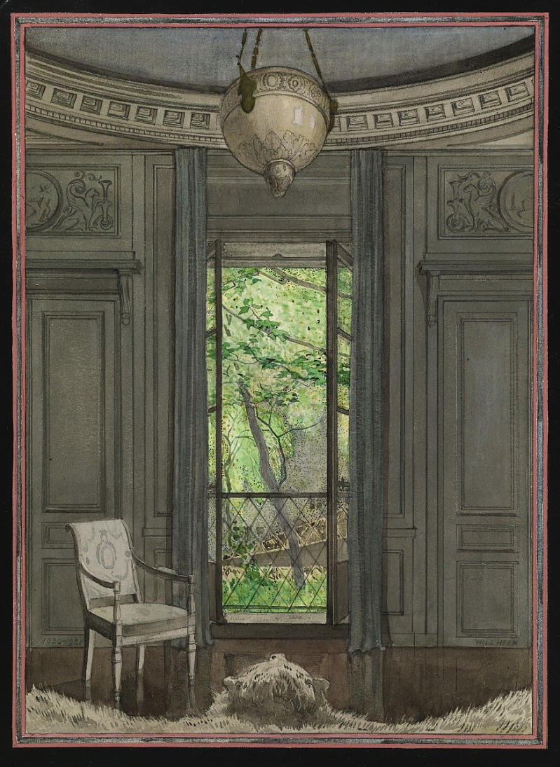 a watercolor painting depicts a room interior with a chair placed near an open window. the window looks out onto trees and greenery. curtains frame the window. a rug is on the floor. a light fixture hangs from the ceiling. the walls have paneling and decorative molding. the painting appears to be of an antique design.