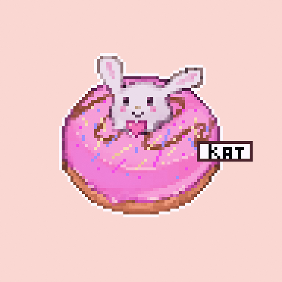 this is a pixel art image of a cute, white bunny nestled inside a pink donut with sprinkles. the bunny is small and has long ears that stick out from the donut. the donut is a light pink with purple and light blue sprinkles. the style is kawaii, and the overall mood is lighthearted and sweet. a small, white rectangular label with the text "k.rat" is placed in the bottom right corner of the donut. the background is a light pink.
