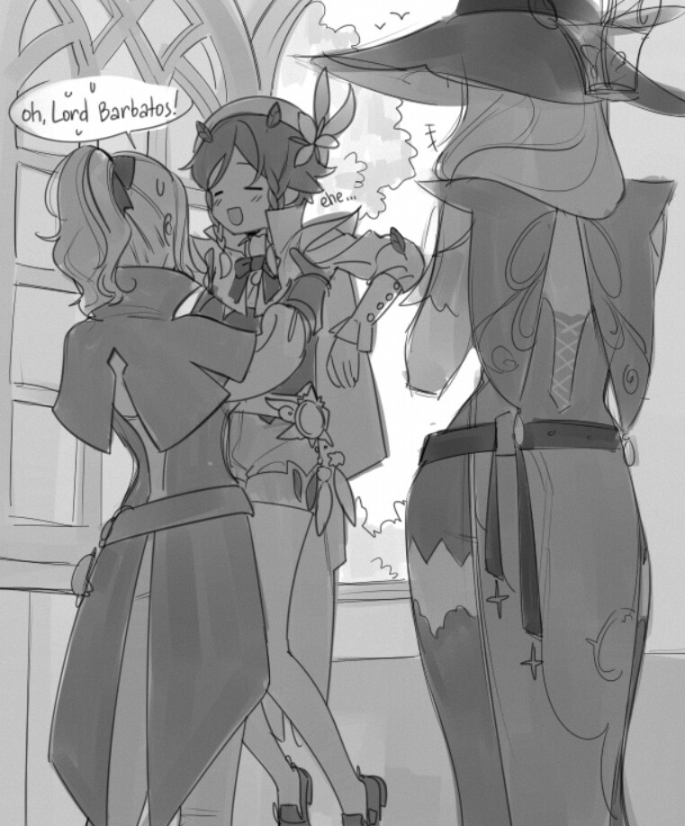 the image is a black and white sketch depicting a popular trio from the video game genshin impact. the characters are, from left to right: lumine, aether, and lisa. lumine is embracing her brother aether, while saying, "oh, lord barbatos!" aether appears surprised, blushing slightly with the word "ehe..." next to him. lisa stands behind them, looking on with amusement. the three are positioned within a building, likely a cathedral, suggested by the arched window in the background. the image uses soft lighting and a low angle.