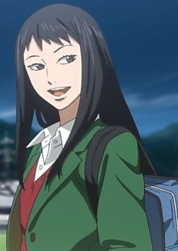 the image shows an anime girl with long black hair wearing a green jacket, a red sweater, and a white shirt. she is carrying a backpack and is smiling happily. she appears to be a student in school uniform.