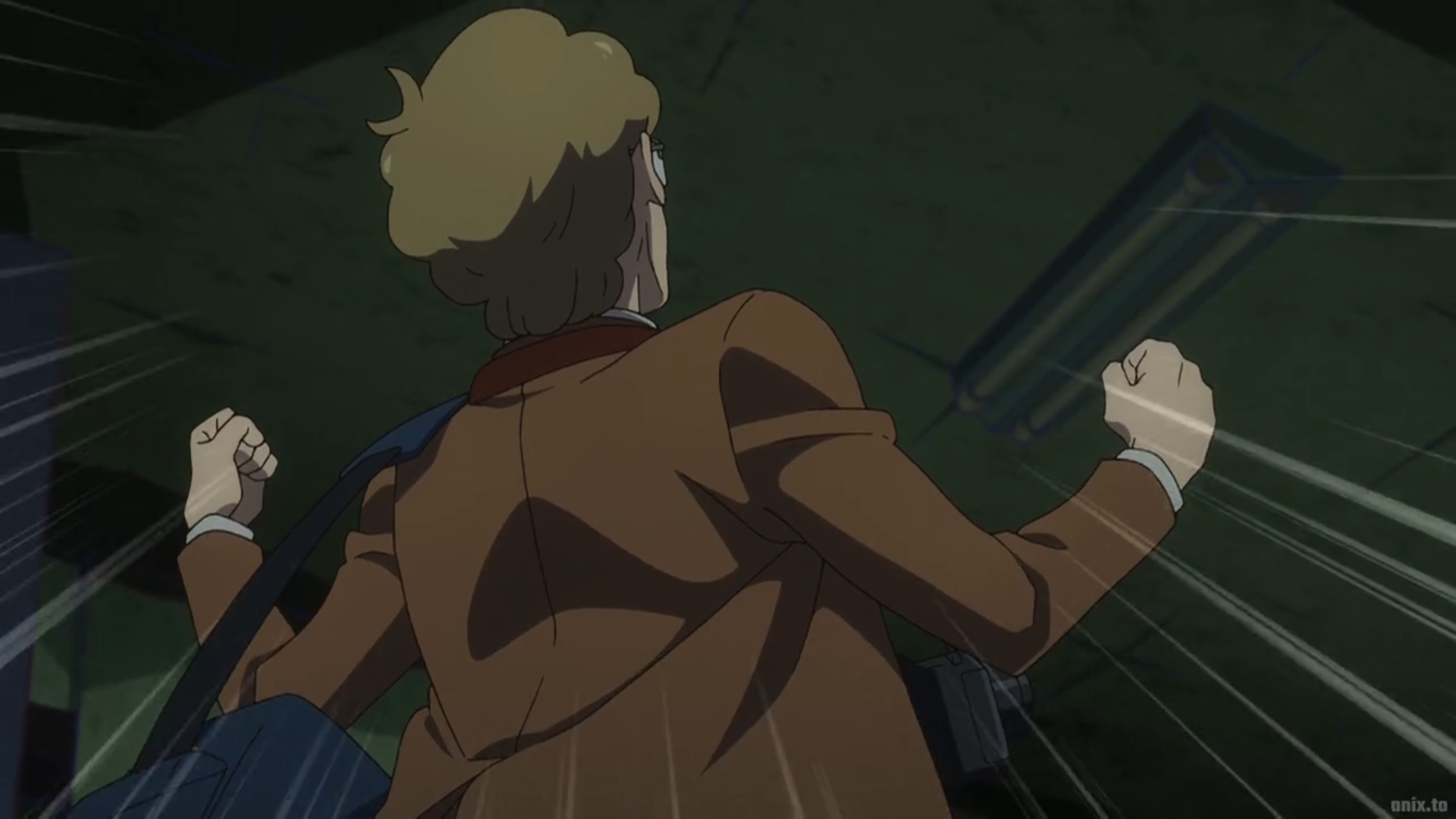 a young man with blond hair and glasses, wearing a brown jacket and blue bag, is captured running away from the viewer down a dimly lit hallway. his fists are clenched, and white motion lines emphasize his speed and urgency. the low angle perspective adds to the dynamism of the scene.  the overall color palette is muted, with shades of brown and gray dominating.