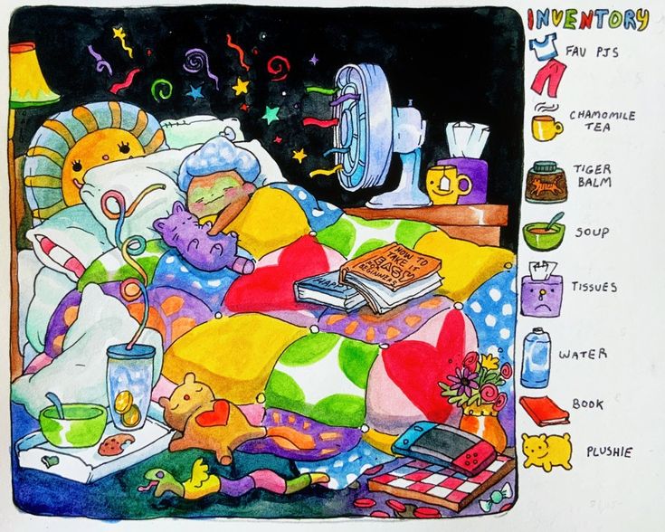 this whimsical illustration depicts a cozy and colorful bedroom scene where someone is resting in bed. the bed is adorned with a patchwork quilt and an abundance of pillows and stuffed animals.  a fan is positioned nearby. on a bedside table sits a cup of tea, a jar of balm, and other items. to the right, an inventory list details the items shown in the scene (fav pjs, chamomile tea, tiger balm, soup, tissues, water, book, plushie). the overall style is bright, playful, and suggestive of a comforting sick day.