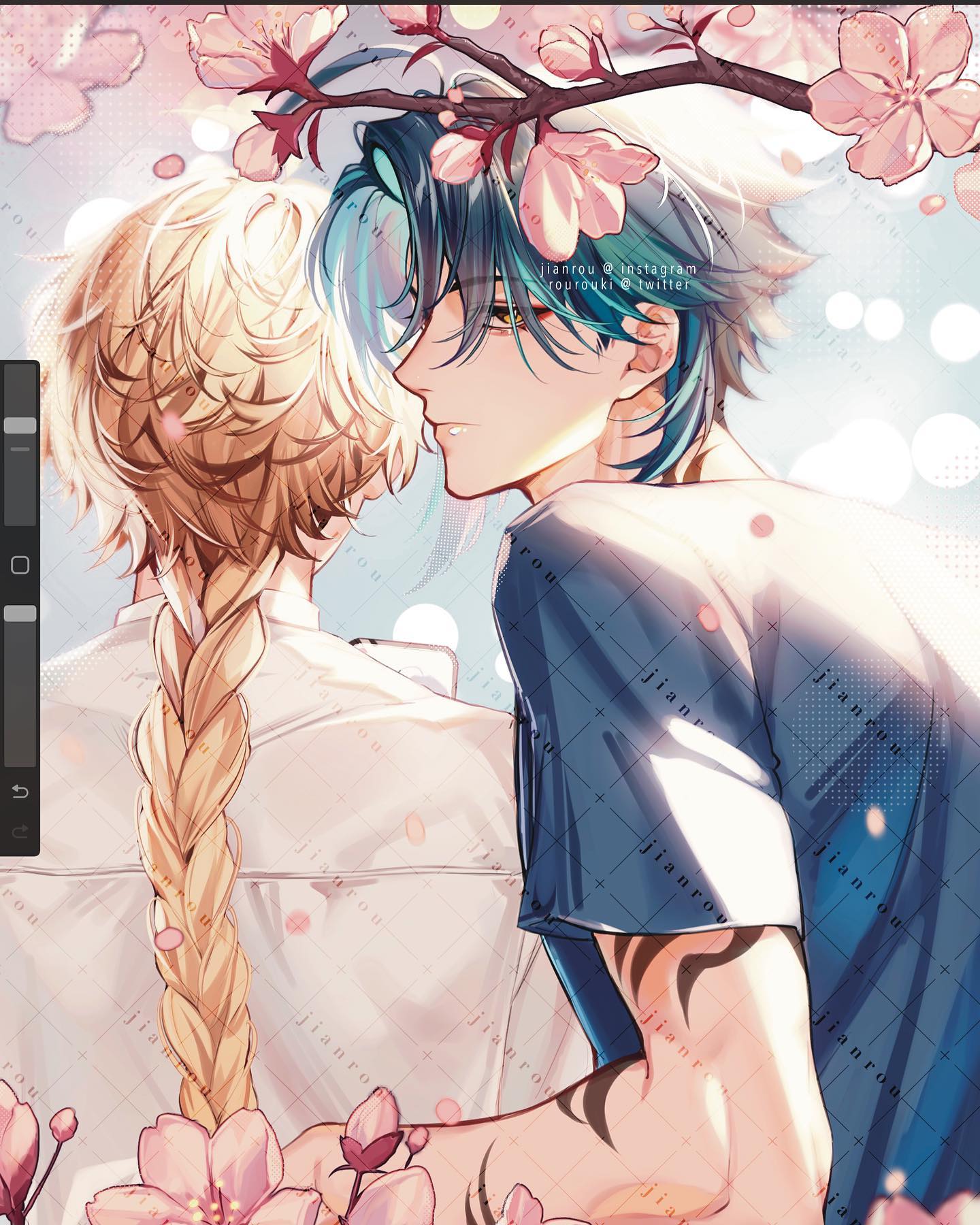 the image is a digital painting or illustration in an anime/manga style. it depicts two young men, one with blonde hair styled in a braid and one with blue hair, positioned intimately close to each other, possibly embracing or cuddling.  they appear affectionate.   cherry blossoms are artfully arranged around them, enhancing a romantic, springlike atmosphere. the art style is soft and delicate, using pastel colors and a watercolorlike effect.  the man with blue hair has a visible tattoo on his arm. the overall mood is romantic and tender. the background is a hazy, soft light blue with subtle hints of pink and white, consistent with the delicate floral theme. the artist's watermark is subtly placed within the image.