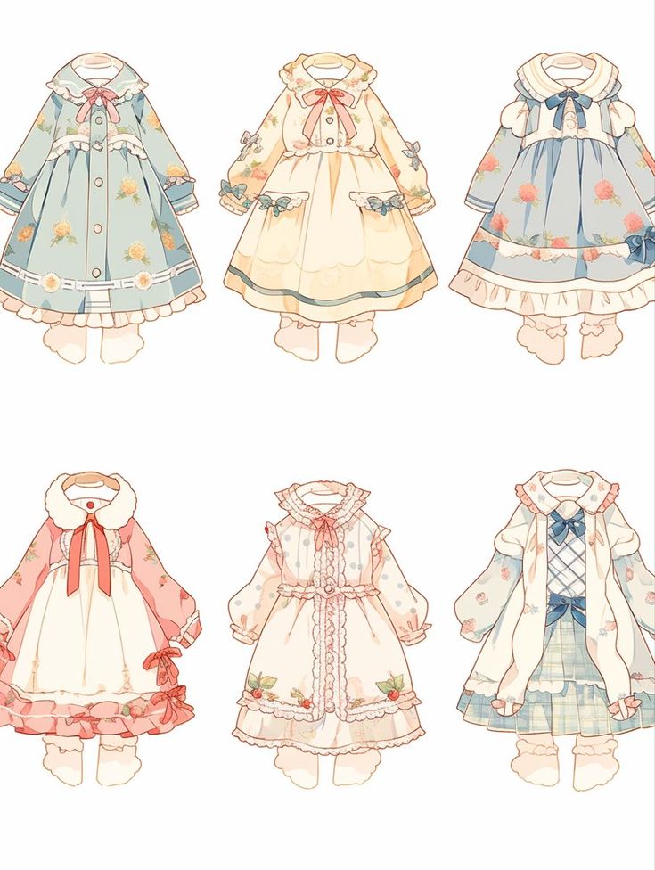 the image displays six different outfit designs in a flat, cartoon style.  each outfit reflects a sweet and whimsical aesthetic with delicate details and pastel colors. they feature elements like lace, ribbons, floral patterns, and flowy silhouettes commonly seen in lolita fashion. the color palette is predominantly soft and muted, with accents of pink, blue, and yellow, contributing to the overall dreamy and romantic feel.