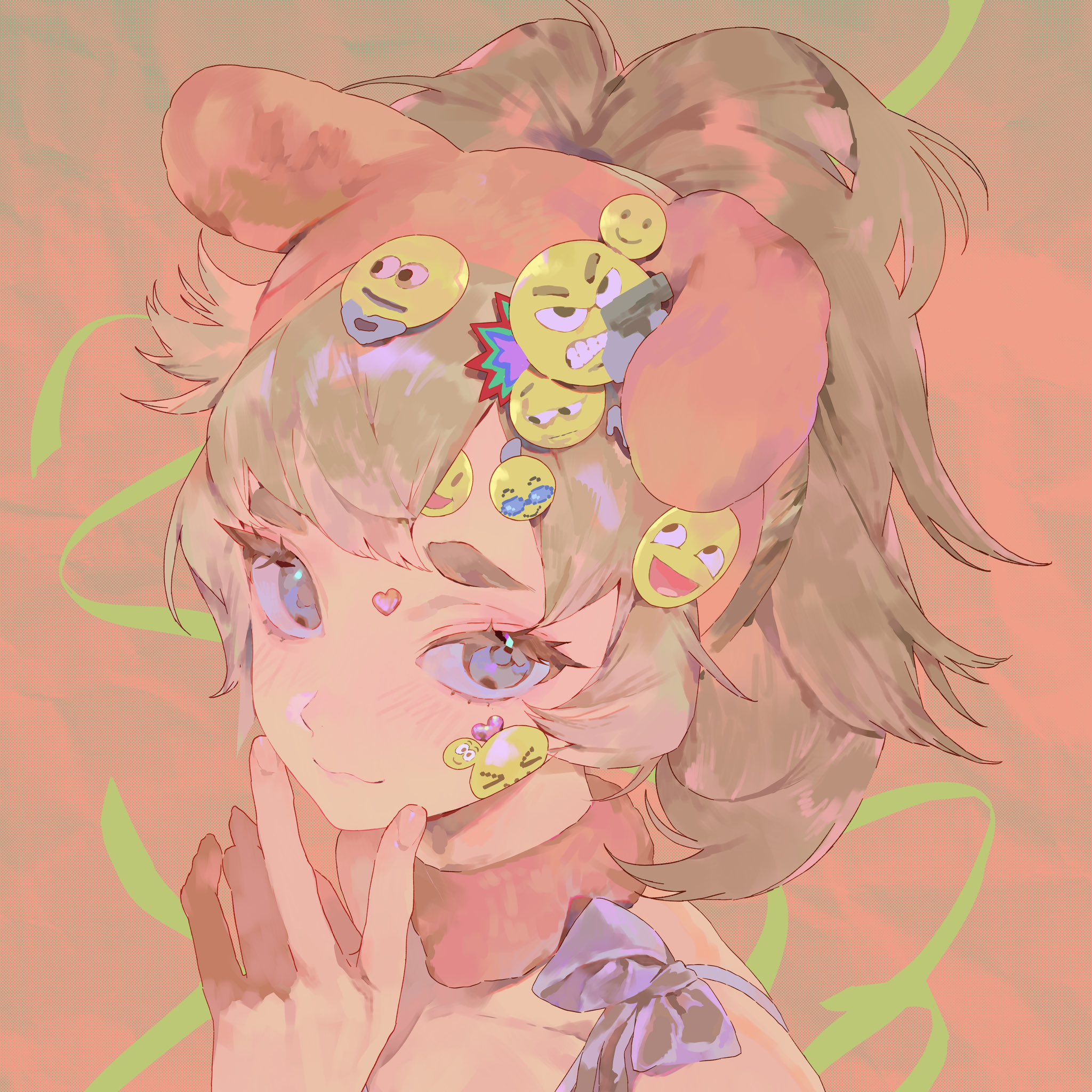 a colorful anime style portrait of a girl with light brown hair wearing a hat adorned with emojis. she has her hand on her cheek and is smiling slightly. she is wearing a bow and has a heart on her forehead. the background is a textured peach color.