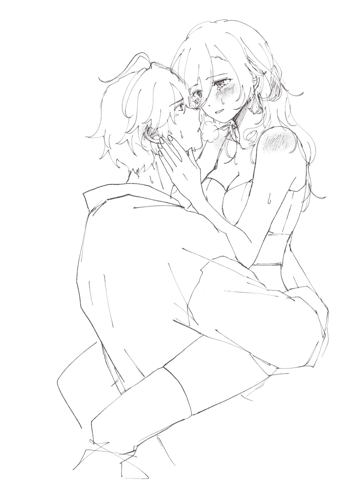 a black and white sketch depicting a couple embracing in a loving and tender embrace. the male character is holding the female character close, and they are both looking at each other with affection. they are clearly very close to each other and have strong affection.