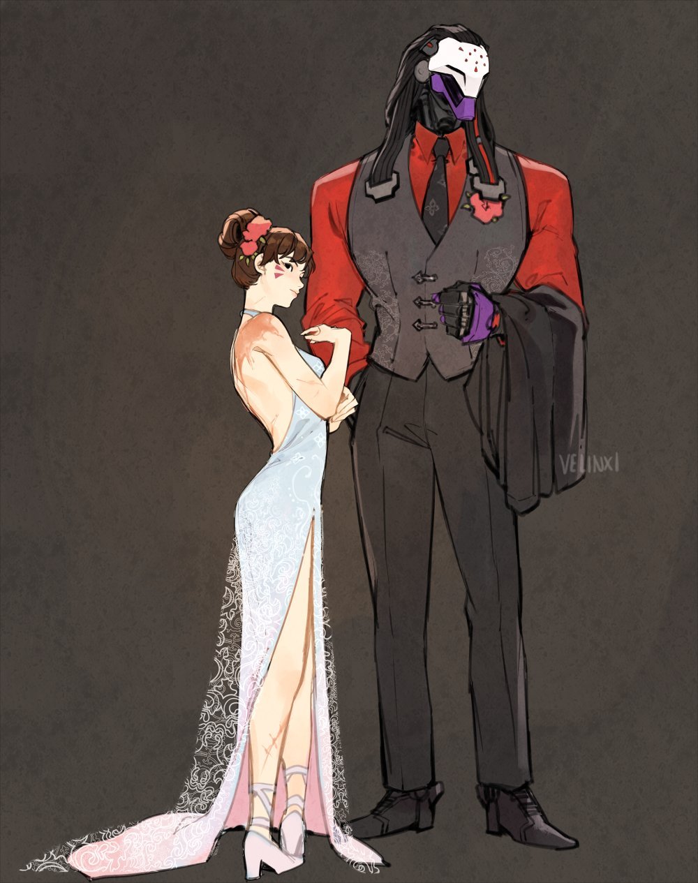 an illustration of the overwatch characters d.va and zenyatta in formal attire. d.va is wearing a light blue evening gown with a high slit and lace details. her hair is styled in a bun with a pink flower. zenyatta is wearing a dark suit with a red shirt, a vest, and a tie. he has a robotic mask and long black hair. they are standing close together against a dark background. the art style is reminiscent of anime.